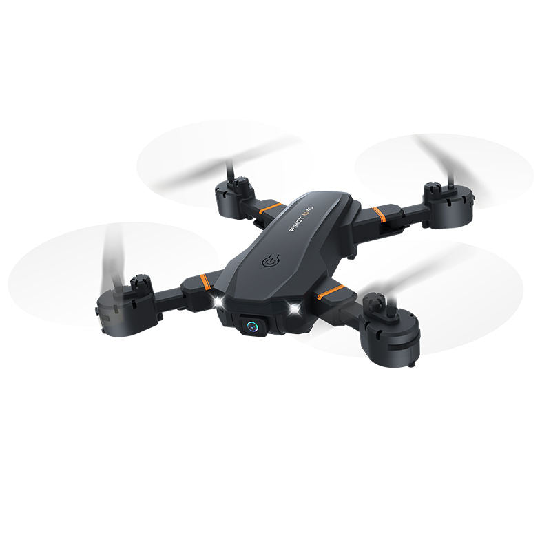 Compact mini drone with front camera and four propellers, black and gray body.