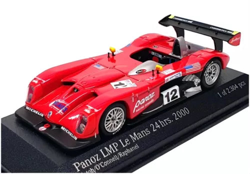 1:43 scale red Panoz LMP race car diecast with #12 on display base