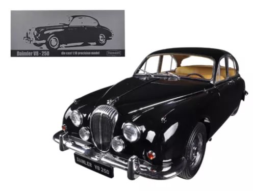 Black 1/18 diecast classic car model, front 3/4 view with chrome grille and lights