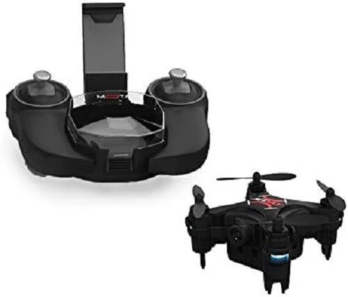 Mini black quadcopter drone with remote controller and charging dock base