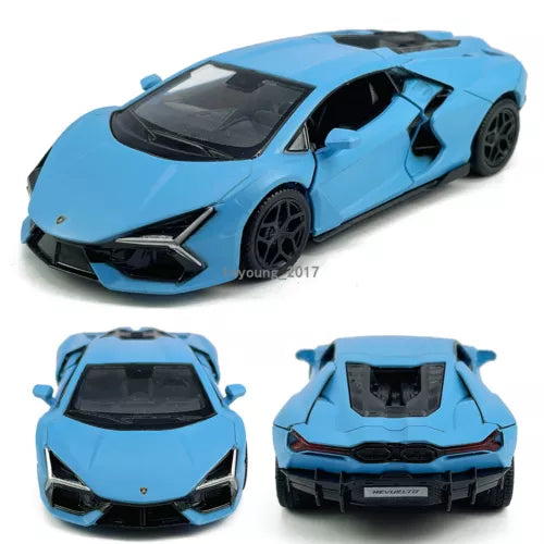 Blue diecast model sports car in multiple views, 1/36 scale with black detailing