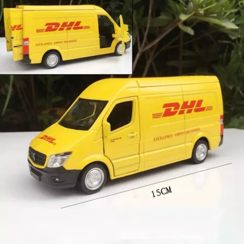 Yellow DHL delivery truck diecast toy van with printed logo, side view