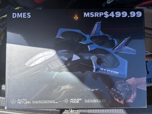 Jet drone product box with blue aircraft graphics and remote-control image