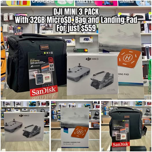 DJI Mini 3 drone starter pack with controller, landing pad, microSD, and bag