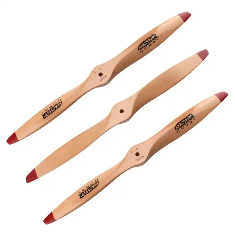 Beechwood fixed-wing drone propeller blades, light wood with red tips and markings