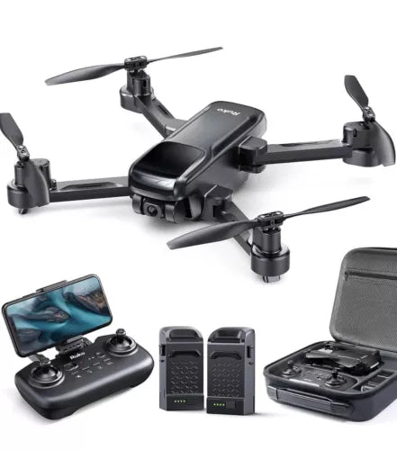 Quadcopter drone with camera, controller, and spare batteries in a case