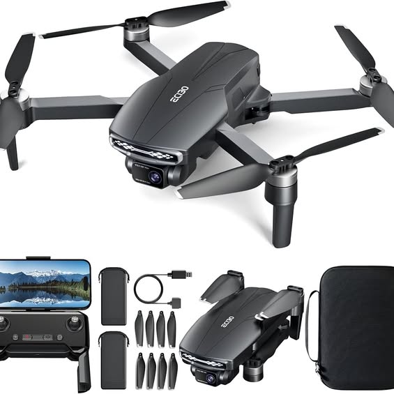 Brushless motor drone with 4K camera, dark gray quadcopter with front lens