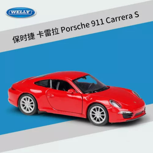 Welly 1:36 Porsche 911 Carrera S red diecast pullback model car, front three-quarter