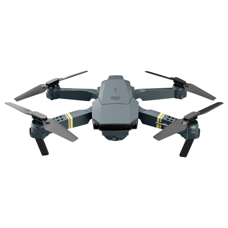 Quadcopter drone with four rotors and front camera, dark gray body