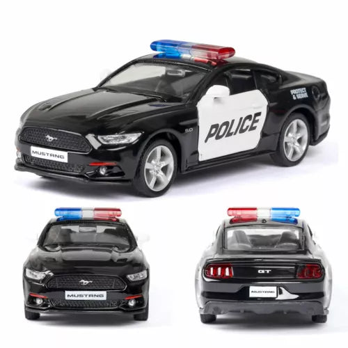 Black diecast police car model with white POLICE decals and blue-red roof light bar