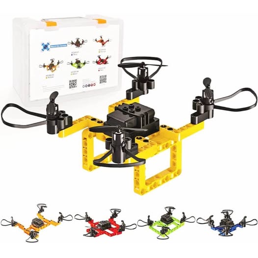 Yellow and black mini drone DIY building block set with quadcopter arms