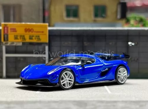 Blue 1:64 scale diecast sports car with open wheel detail and rear spoiler