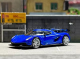 Blue 1:64 scale diecast sports car with open wheel detail and rear spoiler