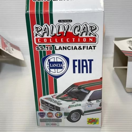 1/64 rally car collection box with Lancia and Fiat SS.18 logos, diecast car art