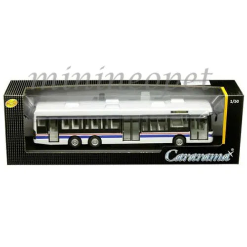 1/50 diecast bus model in white with blue and red stripe along side