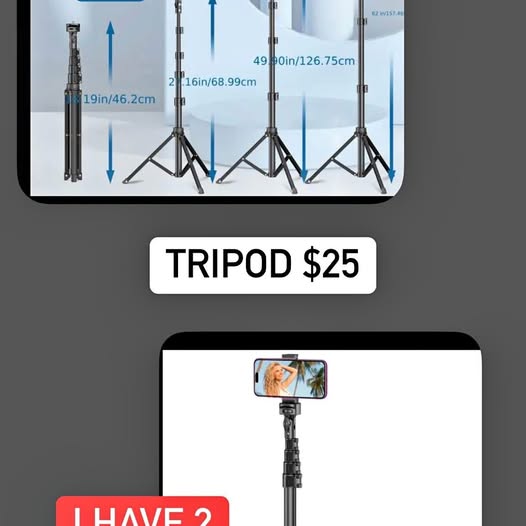 Black drone tripod with extendable legs and phone mount clamp