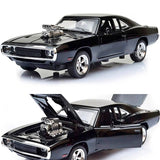 Diecast muscle car model, dark blue/black, front and open hood view