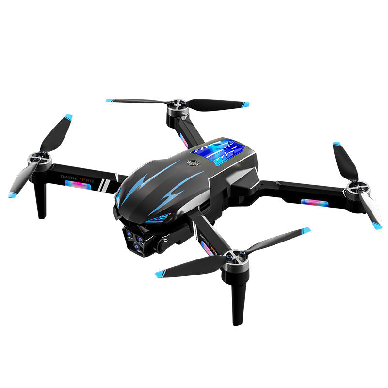 Mini RC quadcopter drone, four propellers, black-gray body with blue accents