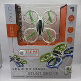 Glow stunt drone box art with 4 green propellers and LED lights, 360°