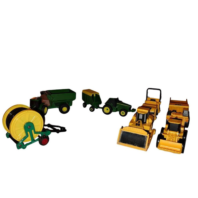 Mini construction vehicle toy set with tractors, loader, and trucks in yellow and green