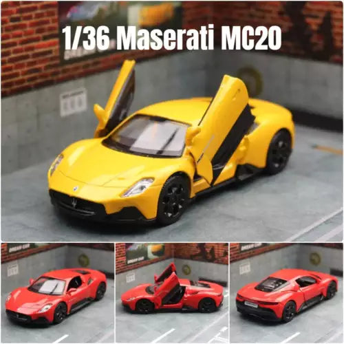 Yellow 1:36 Maserati MC20 diecast model car with open hood, alloy toy vehicle
