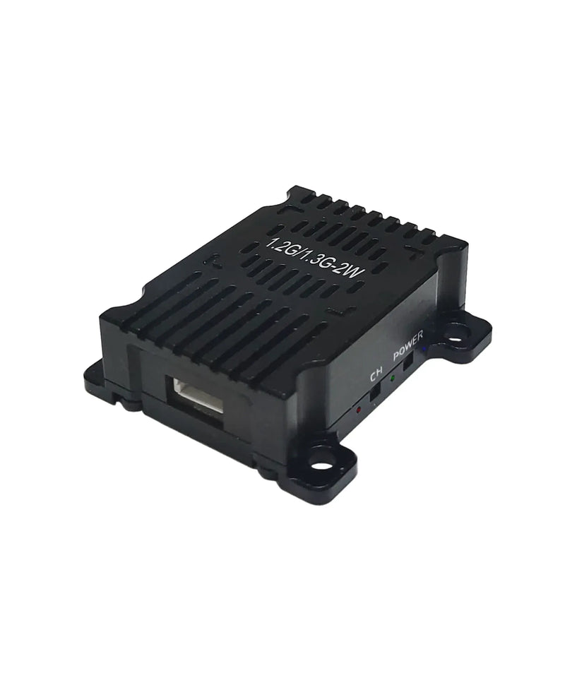 Black FPV VTX module with 2W label, cooling vents, and mounting feet