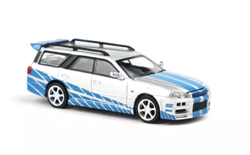 Diecast wagon model car in blue and white, 1:64 scale, front and side view