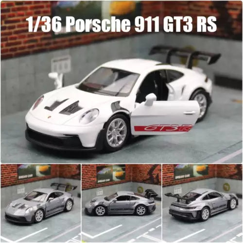1/36 scale Porsche 911 GT3 RS diecast model car, white, front three-quarter view