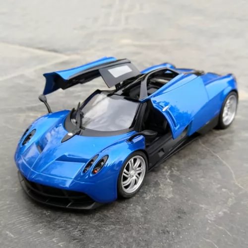 Blue alloy diecast sports car model with black accents, silver wheels