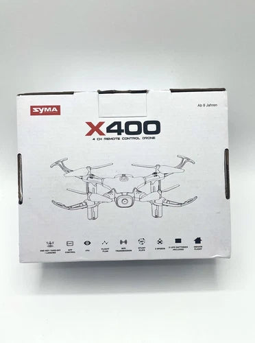 SYMA X400 mini drone retail box with X400 and 4-channel remote control text