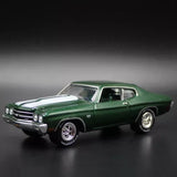 Green 1970 Chevelle SS 396 diecast model car, front three-quarter view, 1:64 scale