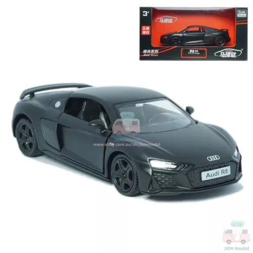 1:36 Audi R8 Coupe alloy diecast model car, dark gray front three-quarter view