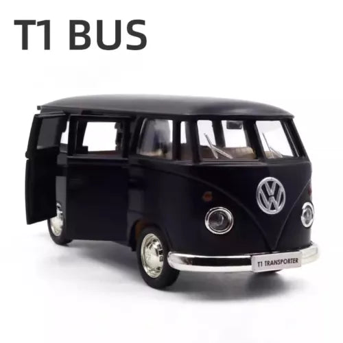 Black VW T1 bus alloy diecast toy car with pull-back action, chrome front bumper