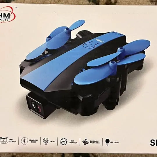 Mini drone with camera, blue and black quadcopter with front lens and propellers