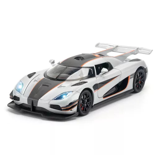Koenigsegg diecast model car, silver sports car with black stripes and orange details