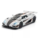Koenigsegg diecast model car, silver sports car with black stripes and orange details