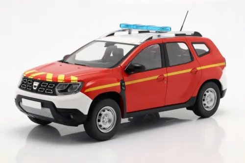 Diecast model emergency SUV car with blue roof light and red-yellow stripes.
