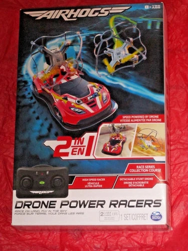 Red 2-in-1 drone power racers set with racing sports car and drone controllers