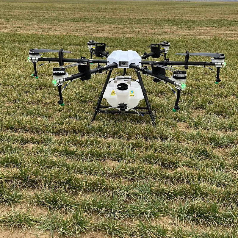 Agricultural drone sprayer with six rotors and spray tank, black and white