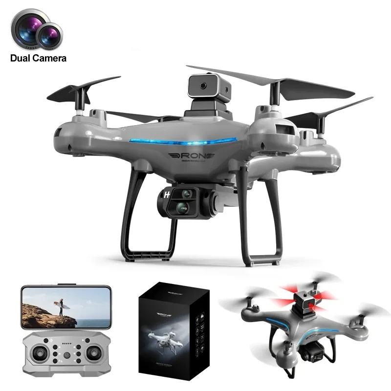 Gray quadcopter drone with dual camera module and four spinning propellers