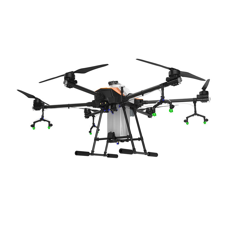 Agricultural spraying drone with four rotors and spray booms, folding arms
