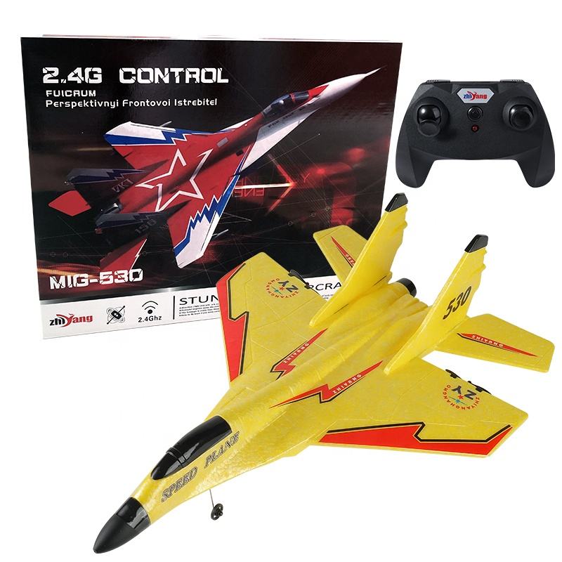 Yellow RC jet airplane model with radio controller, wingspan style design