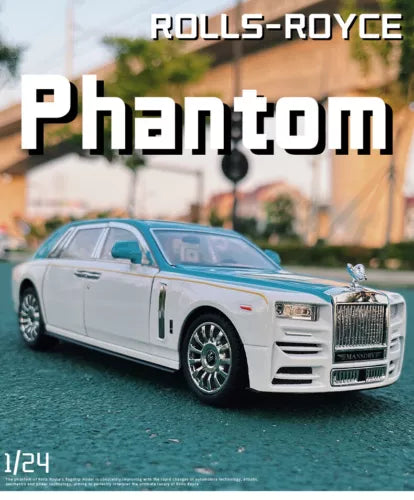 Rolls-Royce Phantom diecast car model, front 3/4 view, white with chrome grille
