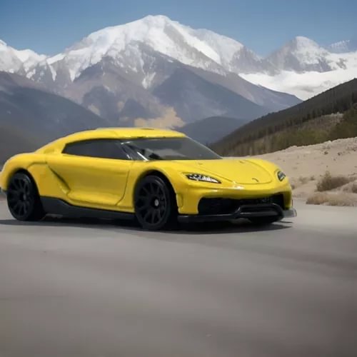 Yellow sports car diecast model with front three-quarter view