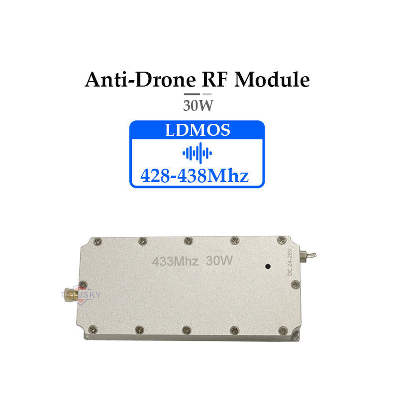 Anti-drone RF power amplifier module, metal rectangular case, 433 MHz 30W, with coax connectors