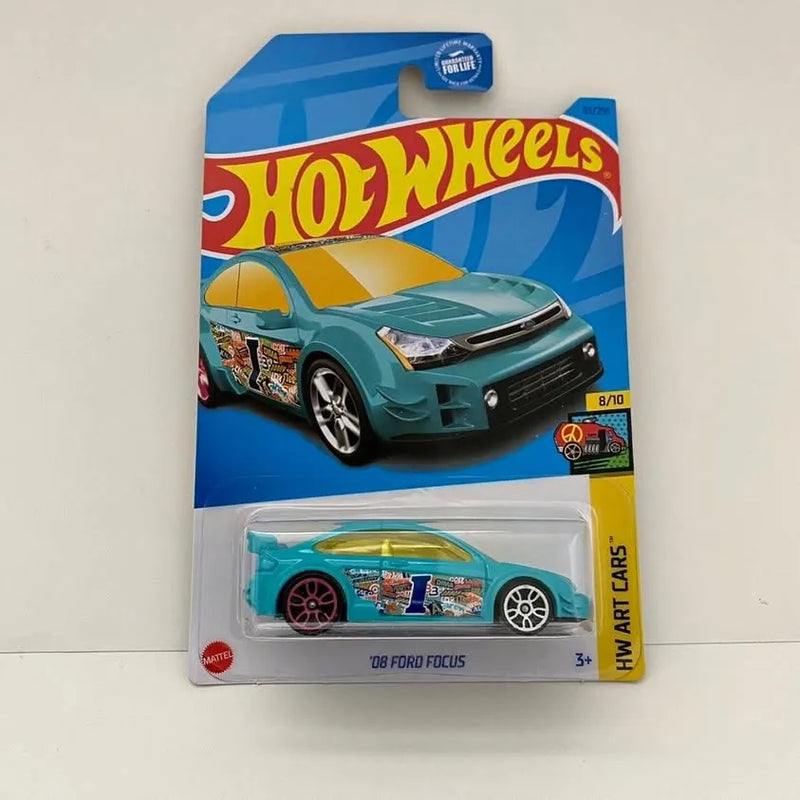 Teal 2008 Ford Focus diecast car in Hot Wheels blister packaging
