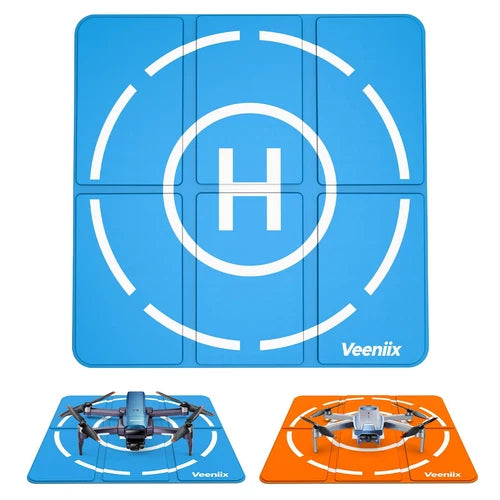 Blue foldable drone landing pad with landing guides and white H logo