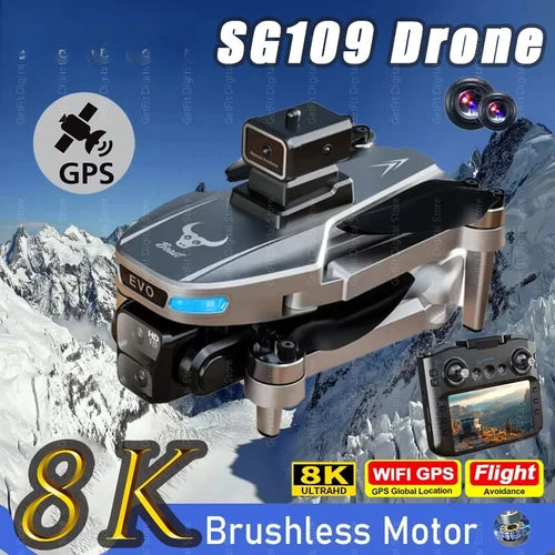Compact gray quadcopter drone with 8K camera and four propellers, GPS and WiFi modules