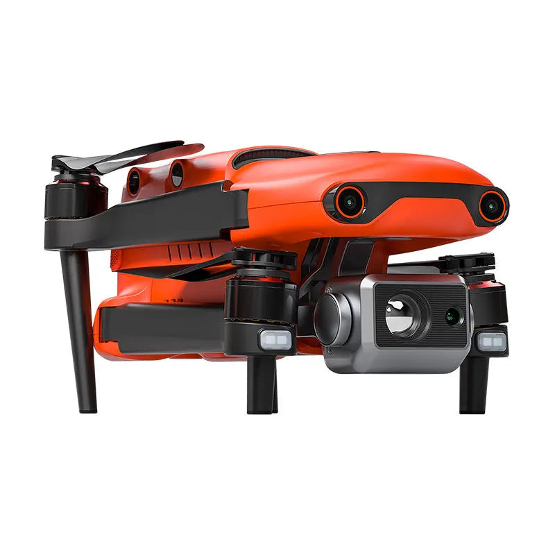 Orange and black quadcopter drone with dual cameras and front lens