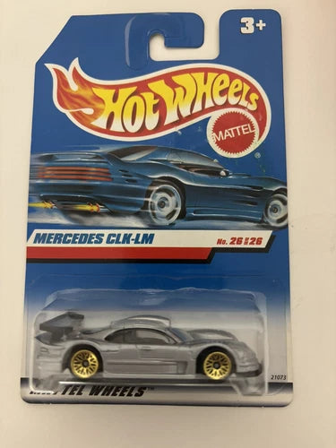 Hot Wheels Mercedes CLK-LM diecast car in blister pack, gray with yellow wheels